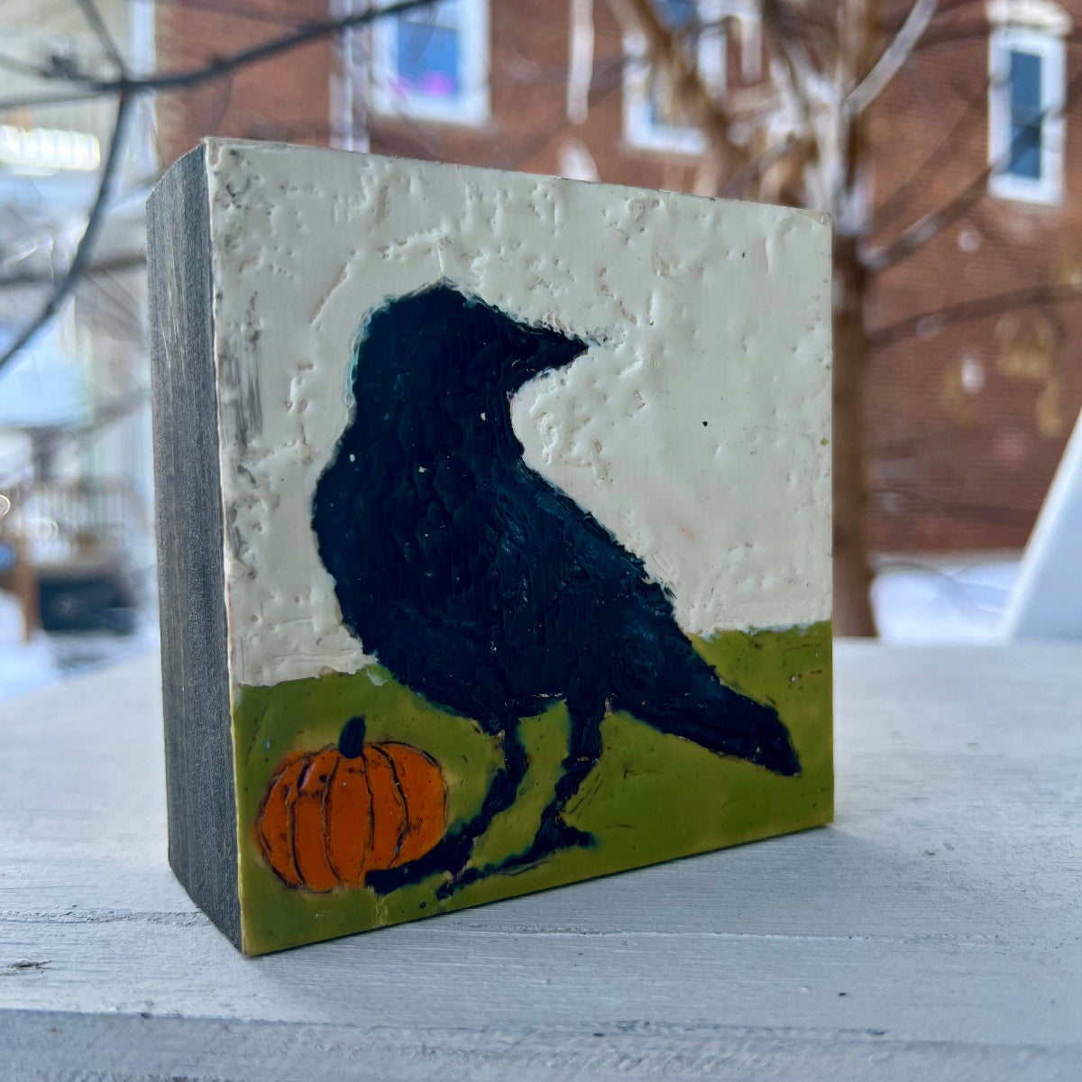 October Make and Take:  Encaustic Raven and Pumpkin